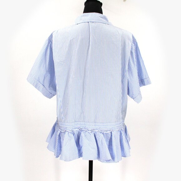 TOME NYC Blue White Pinstripe Drawstring Ruffle Hem Short Sleeve Top 12 Shirt - Picture 5 of 7